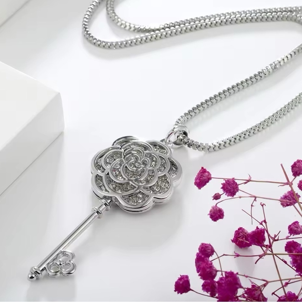 925 Sterling Silver Camellia Blossom Key Long Chain Necklace w/ Zircon Accents - Picture 4 of 11